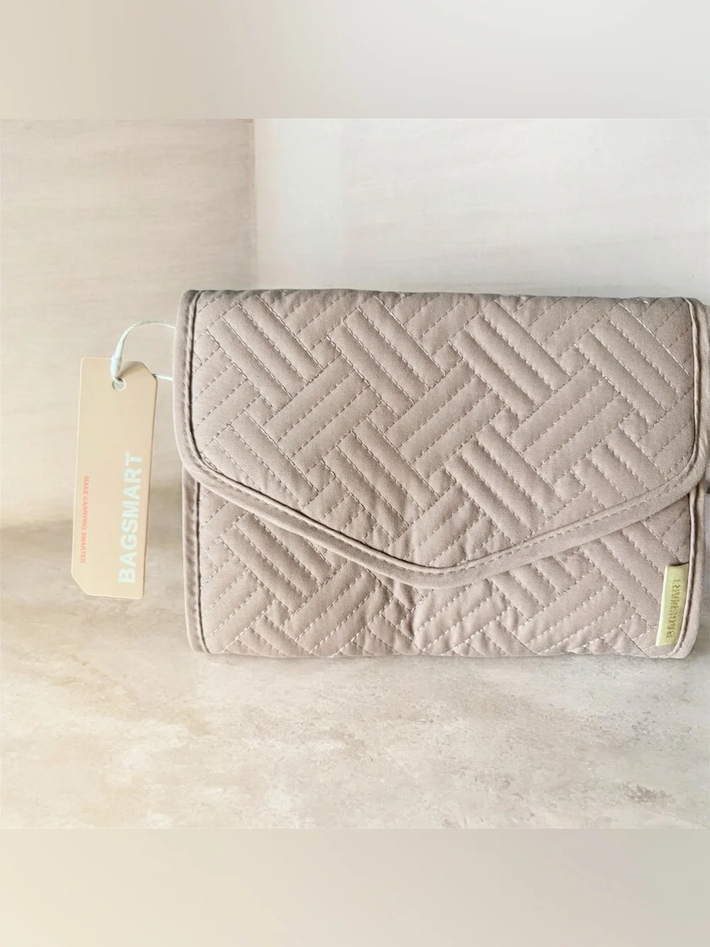Quilted Cosmetic Pouch in Light Taupe